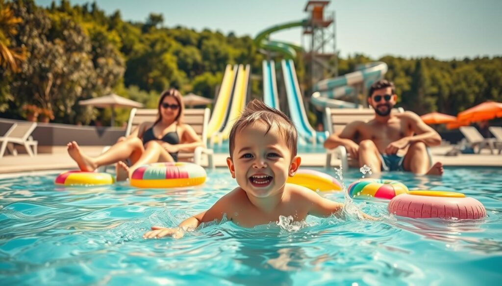 A family of four enjoying a sunny day at the waterpark. In the foreground, a young child splashing playfully in a shallow pool, surrounded by vibrant inflatable toys. In the middle ground, two parents relaxing on lounge chairs, watching their children with joy. In the background, a towering waterslide curves gracefully against a backdrop of lush, verdant foliage. The scene is bathed in warm, golden sunlight, creating a cheerful, carefree atmosphere. The camera's wide-angle lens captures the entire scene, highlighting the sense of family bonding and the exhilarating spirit of the waterpark experience.