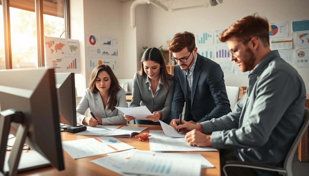 A focused research team poring over company reports, market data, and competitor analysis in a well-lit, modern office. Wooden desks, sleek monitors, and ergonomic chairs create a professional, productivity-driven atmosphere. Colorful charts, graphs, and diagrams cover the walls, guiding the researchers' insights. Warm, natural lighting filters through large windows, casting a contemplative glow over the scene. The team members, dressed in business casual attire, collaborate intently, exchanging ideas and jotting down notes. An air of concentration and determination pervades the space, reflecting the importance of thorough company research in preparing for a successful job interview.