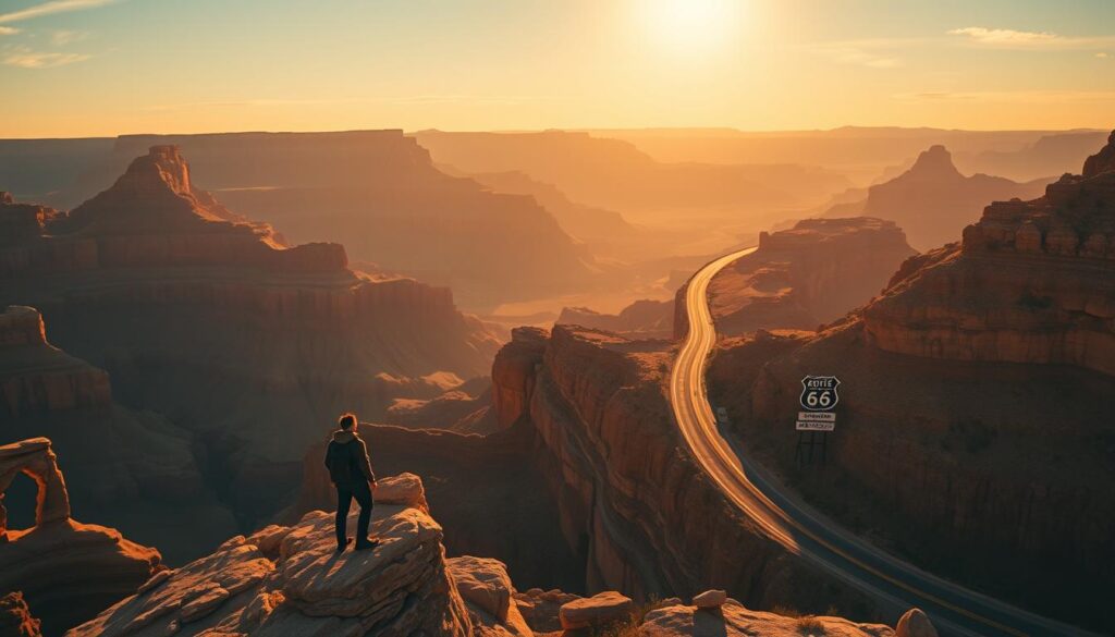 A grand landscape unfolds, the sun's warm glow illuminating the majestic contours of the Grand Canyon. In the foreground, a lone traveler stands on the edge of the mighty chasm, taking in the awe-inspiring vista. The middle ground is dotted with towering sandstone formations, their hues shifting from deep ochre to vibrant vermilion. In the distance, the iconic arches and neon-lit motels of Route 66 wind through the rugged terrain, inviting the adventurer to discover the hidden gems of the American West. The scene is bathed in a soft, cinematic light, capturing the sense of wonder and exploration that defines this epic road trip. A grand landscape unfolds, the sun's warm glow illuminating the majestic contours of the Grand Canyon. In the foreground, a lone traveler stands on the edge of the mighty chasm, taking in the awe-inspiring vista. The middle ground is dotted with towering sandstone formations, their hues shifting from deep ochre to vibrant vermilion. In the distance, the iconic arches and neon-lit motels of Route 66 wind through the rugged terrain, inviting the adventurer to discover the hidden gems of the American West. The scene is bathed in a soft, cinematic light, capturing the sense of wonder and exploration that defines this epic road trip.