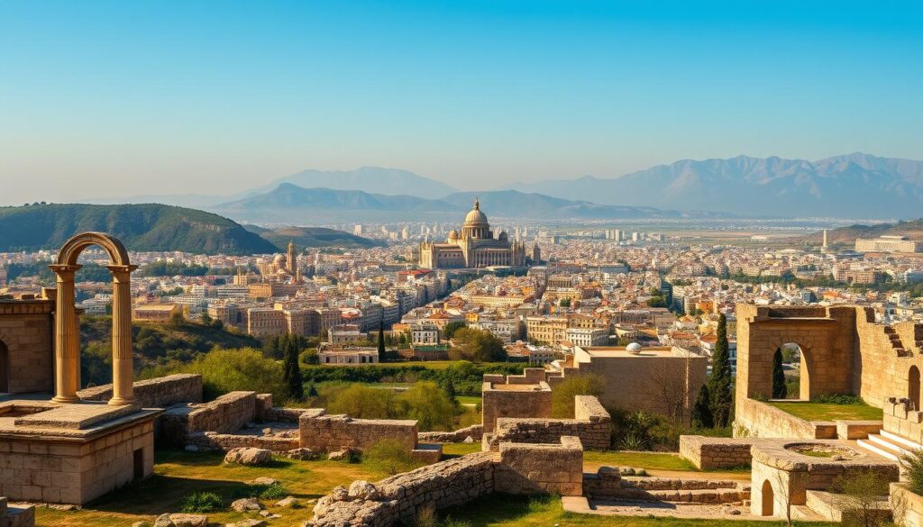 A grand, majestic landscape showcasing the timeless elegance of a UNESCO World Heritage site. In the foreground, ancient ruins and weathered stone structures stand as silent witnesses to the passage of centuries. The middle ground features a sprawling city skyline, a tapestry of architectural styles that blend harmoniously, each building a testament to the ingenuity and cultural legacy of its era. The background is dominated by awe-inspiring mountains, their peaks shrouded in a hazy, golden light that casts a warm, contemplative glow over the entire scene. The overall composition conveys a sense of reverence, history, and the enduring power of human civilization to shape and preserve its most cherished treasures. A grand, majestic landscape showcasing the timeless elegance of a UNESCO World Heritage site. In the foreground, ancient ruins and weathered stone structures stand as silent witnesses to the passage of centuries. The middle ground features a sprawling city skyline, a tapestry of architectural styles that blend harmoniously, each building a testament to the ingenuity and cultural legacy of its era. The background is dominated by awe-inspiring mountains, their peaks shrouded in a hazy, golden light that casts a warm, contemplative glow over the entire scene. The overall composition conveys a sense of reverence, history, and the enduring power of human civilization to shape and preserve its most cherished treasures.
