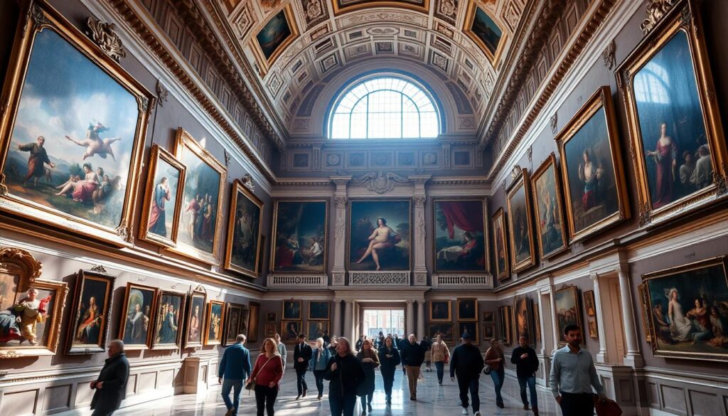 A grand, ornate European art gallery interior, illuminated by natural sunlight streaming through high arched windows. The walls are adorned with a curated collection of masterpieces from the classical and Renaissance eras - oil paintings depicting grand landscapes, iconic religious scenes, and elegant portraiture. Ornate gilded frames accentuate the artwork, while polished marble floors and intricate architectural details create a sense of timeless sophistication. Visitors stroll leisurely, immersed in the ambiance of artistic excellence and cultural legacy. The scene conveys a reverent atmosphere of art appreciation and intellectual stimulation. A grand, ornate European art gallery interior, illuminated by natural sunlight streaming through high arched windows. The walls are adorned with a curated collection of masterpieces from the classical and Renaissance eras - oil paintings depicting grand landscapes, iconic religious scenes, and elegant portraiture. Ornate gilded frames accentuate the artwork, while polished marble floors and intricate architectural details create a sense of timeless sophistication. Visitors stroll leisurely, immersed in the ambiance of artistic excellence and cultural legacy. The scene conveys a reverent atmosphere of art appreciation and intellectual stimulation.