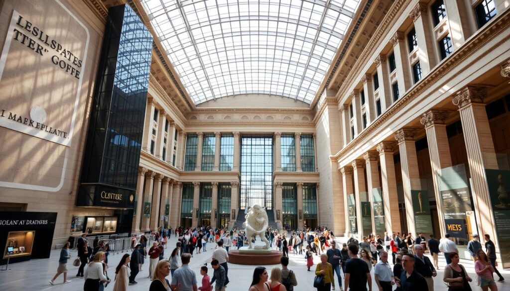A grand, panoramic museum atrium with diverse architectural styles from around the world. Towering glass and steel structures, ancient stone facades, and modern minimalist designs blend harmoniously. Sunlight streams through large windows, casting warm, diffused illumination across the vast, open space. Visitors of all ages and ethnicities explore the galleries, their curiosity and wonder palpable. An elegant, cosmopolitan atmosphere exudes a sense of global cultural unity and intellectual discovery. A grand, panoramic museum atrium with diverse architectural styles from around the world. Towering glass and steel structures, ancient stone facades, and modern minimalist designs blend harmoniously. Sunlight streams through large windows, casting warm, diffused illumination across the vast, open space. Visitors of all ages and ethnicities explore the galleries, their curiosity and wonder palpable. An elegant, cosmopolitan atmosphere exudes a sense of global cultural unity and intellectual discovery.