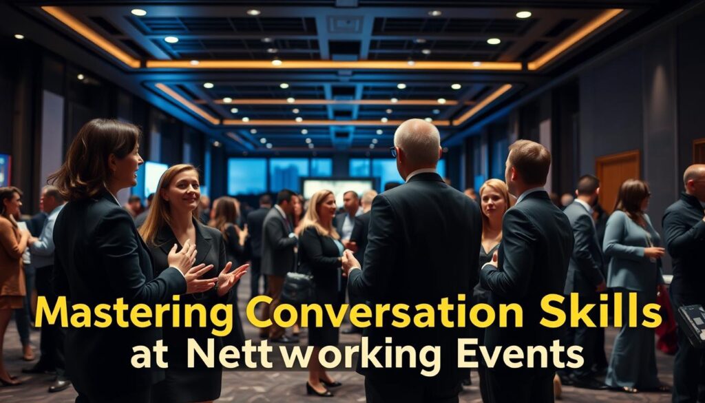 A group of professionals engaged in a lively networking conversation at a dimly lit conference hall. The foreground features four well-dressed individuals standing in a semicircle, gesturing animatedly and making eye contact as they exchange ideas. The middle ground showcases the bustling event space, with attendees mingling and networking against a backdrop of modern architecture and subtle lighting. The overall atmosphere conveys a sense of productive collaboration, with a focus on the confident, polished body language and engaged expressions of the central figures. Captured with a wide-angle lens to emphasize the dynamic scene, the image aims to visually represent the "Mastering Conversation Skills at Networking Events" section of the article. A group of professionals engaged in a lively networking conversation at a dimly lit conference hall. The foreground features four well-dressed individuals standing in a semicircle, gesturing animatedly and making eye contact as they exchange ideas. The middle ground showcases the bustling event space, with attendees mingling and networking against a backdrop of modern architecture and subtle lighting. The overall atmosphere conveys a sense of productive collaboration, with a focus on the confident, polished body language and engaged expressions of the central figures. Captured with a wide-angle lens to emphasize the dynamic scene, the image aims to visually represent the "Mastering Conversation Skills at Networking Events" section of the article.