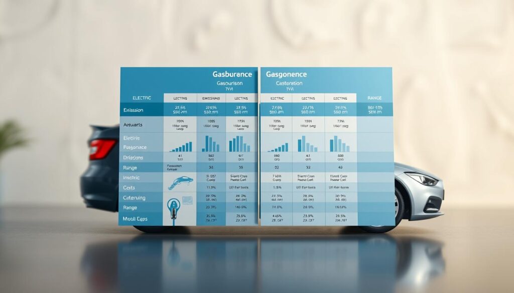 A highly detailed and meticulously designed energy efficiency comparison chart, presented in a sleek and modern style. The chart features distinct sections showcasing the key performance metrics of electric and gasoline-powered vehicles, including fuel economy, emissions, maintenance costs, and range. The information is displayed using a minimalist color palette of blues, grays, and whites, with clean typography and crisp, well-defined data visualizations. The chart is positioned against a subdued, slightly blurred background, allowing the data to take center stage. Subtle lighting accentuates the depth and dimensionality of the chart, creating a sense of visual harmony and balance. The overall composition conveys a sense of professionalism, authority, and technical expertise, serving as an informative and visually striking illustration for the comprehensive comparison of electric and gasoline cars.