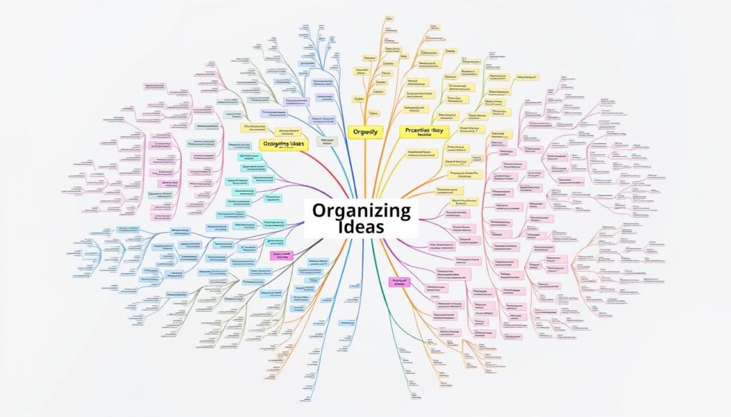 A highly organized mind map fills the frame, with a central node representing the core concept of "Organizing Ideas." Branching out from it are numerous interconnected nodes, each bursting with a wealth of information, concepts, and relationships. The nodes are rendered in a vibrant, eye-catching palette, using a balanced mix of colors that draw the viewer's attention to the various idea clusters. The layout is meticulously structured, with clean lines, geometric shapes, and a sense of harmonious symmetry that guides the eye through the intricate web of information. The overall atmosphere conveys a sense of clarity, focus, and intellectual engagement, perfectly suited to illustrate the techniques for organizing and connecting ideas.