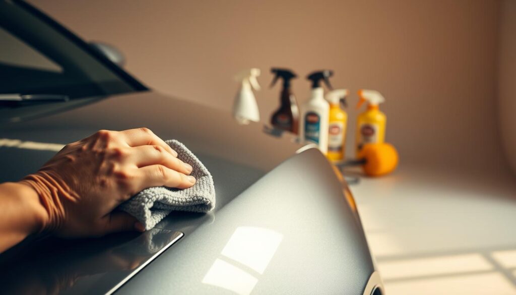 A highly polished, gleaming car in a soft, warm-toned studio setting. The car's metallic surface reflects the lighting, revealing the intricate details and contours. In the foreground, a hand holds a microfiber cloth, gently buffing the car's paint. The middle ground showcases various car polish bottles and applicators, highlighting the products used to achieve this showroom-quality shine. The background features a subtle, out-of-focus backdrop, creating a sense of depth and focus on the car. Soft, directional lighting casts subtle shadows, emphasizing the three-dimensional form of the vehicle. The overall mood is one of precision, care, and the satisfying results of a thorough car-polishing process.