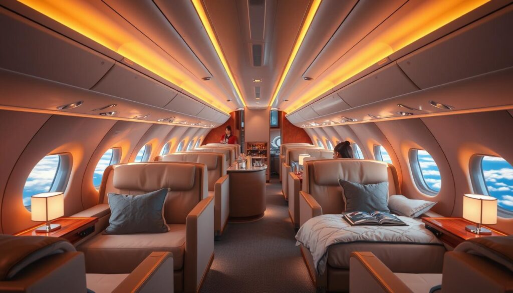 A lavish first-class airline cabin, bathed in warm, soft lighting and adorned with plush, leather seating. Spacious individual suites with privacy partitions, each equipped with adjustable seats that recline into fully flat beds. A central aisle leading to a bar area, where a mixologist crafts bespoke cocktails. Elegant decor featuring polished wood accents and subtle pops of color. Large windows offering panoramic views of wispy clouds and the azure expanse below. Attentive crew members cater to every whim, delivering gourmet meals and personalized service. An atmosphere of refined luxury and unparalleled comfort, perfectly capturing the essence of premium air travel.