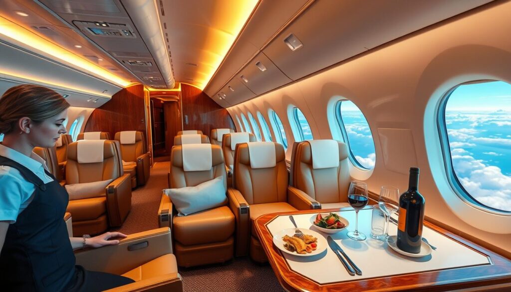 A lavish first-class cabin aboard a majestic airliner, bathed in soft, warm lighting that casts a luxurious glow. Plush leather seats recline in comfortable, spacious rows, adorned with elegant, polished wood accents. In the foreground, a smartly dressed flight attendant offers impeccable service, while the middle ground showcases a selection of gourmet meals and fine wines on a pristine table setting. In the background, the serene, cloud-dotted sky visible through oversized windows promises a tranquil, comfortable journey for the discerning traveler.