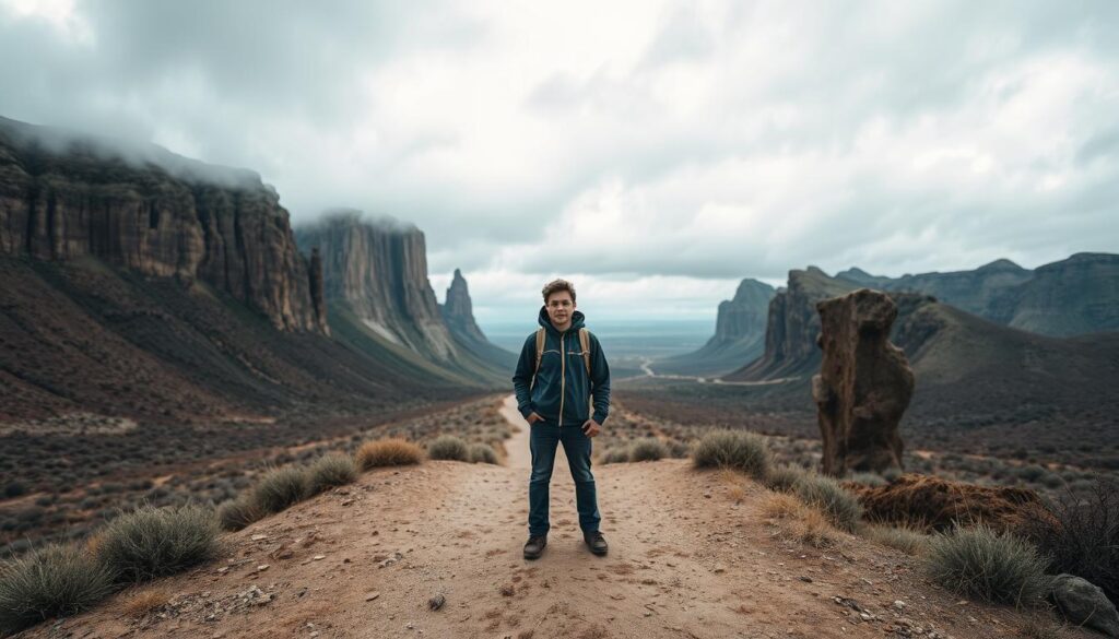A lone traveler stands in the middle of a vast, unfamiliar landscape, their expression a mix of trepidation and determination. The foreground is dominated by their weathered backpack, a symbol of their journey. The middle ground reveals a winding path leading into the distance, surrounded by towering cliffs and a cloudy, uncertain sky. The background is a panoramic view of a foreign, expansive wilderness, hinting at the vastness and isolation that amplifies the traveler's anxiety. Soft, diffused lighting casts a melancholic tone, while a wide-angle lens captures the traveler's small, vulnerable figure amid the imposing surroundings. The overall mood evokes a sense of unease and the internal struggle to overcome the fear of the unknown.