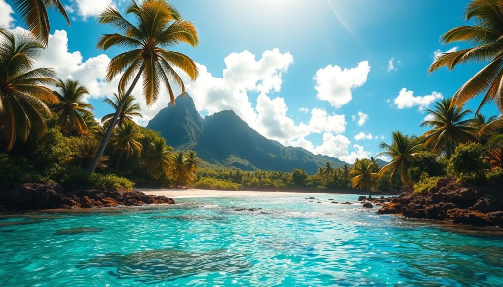 A lush, sun-drenched tropical island paradise with swaying palm trees, crystalline turquoise waters, and soft white sand beaches. In the foreground, a secluded cove with gently lapping waves and vibrant coral reefs teeming with marine life. In the middle ground, towering volcanic peaks draped in verdant foliage, casting long shadows across the landscape. The background filled with a brilliant azure sky dotted with fluffy cumulus clouds, creating a warm, tranquil atmosphere. Warm, golden sunlight filters through the scene, casting a dreamy, ethereal glow and accentuating the vibrant colors. The overall impression is one of unspoiled natural beauty, serenity, and the promise of endless relaxation.