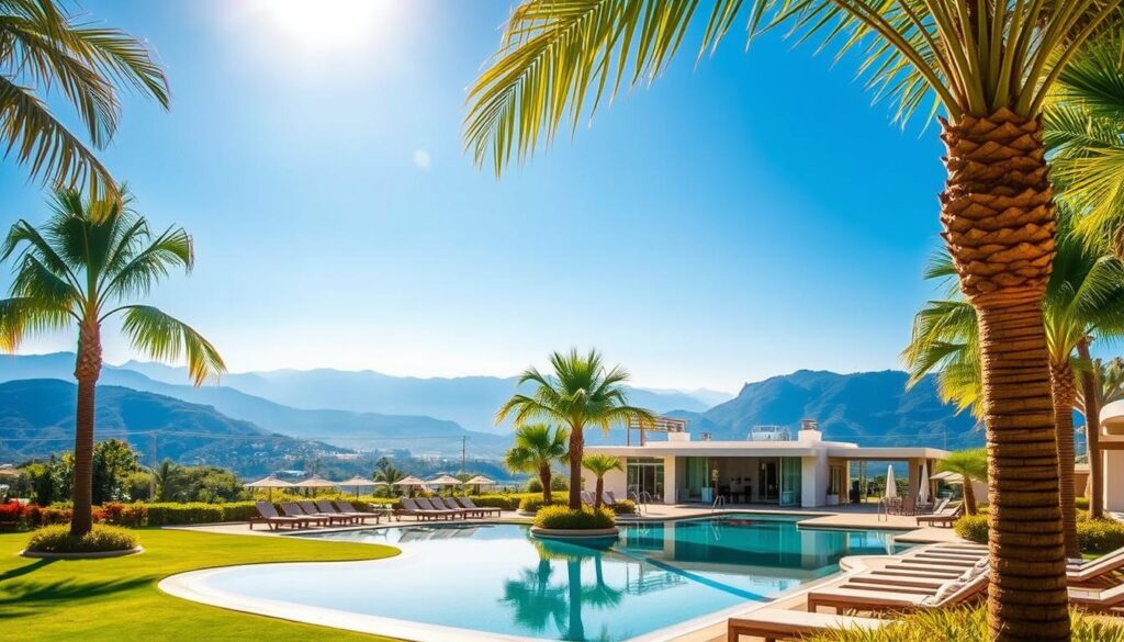 A lush, tranquil spa resort nestled in a serene, verdant landscape. In the foreground, a serene outdoor pool surrounded by plush lounge chairs and towering palm trees, reflecting the warm, golden sunlight. In the middle ground, a luxurious spa building with clean, modern architecture and soothing water features. The background showcases rolling hills, a distant mountain range, and a clear, azure sky, conveying a sense of total relaxation and wellness. The scene is bathed in soft, diffused lighting, creating a calming, inviting atmosphere. A perfect haven for rejuvenation and pampering.