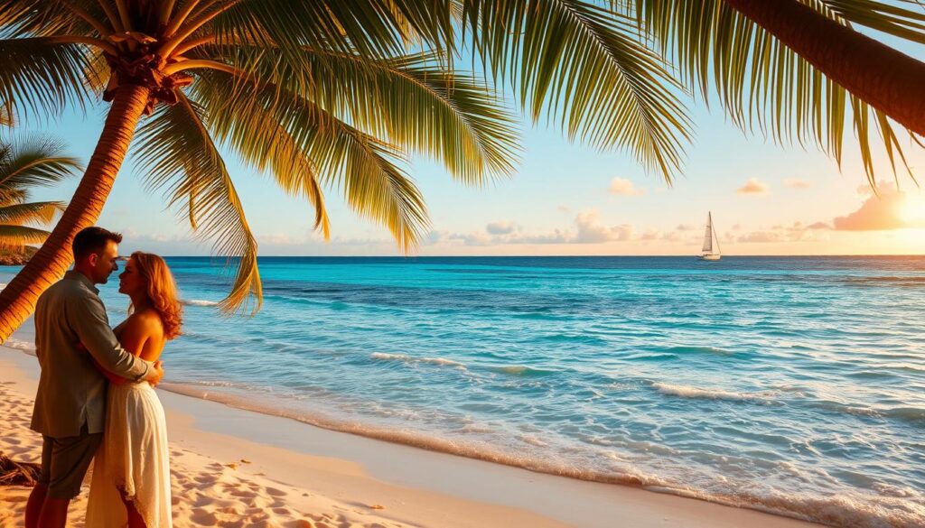 A lush, tropical beach at sunset, the sand glistening under the warm, golden light. In the foreground, a couple embraces, their silhouettes framed by swaying palm trees. The crystal-clear waters of the turquoise lagoon stretch out to the horizon, interrupted only by the occasional gentle wave. Faraway, a lone sailboat drifts lazily across the tranquil sea. The scene is infused with a sense of romance and relaxation, inviting the viewer to imagine themselves escaping to this idyllic island oasis.