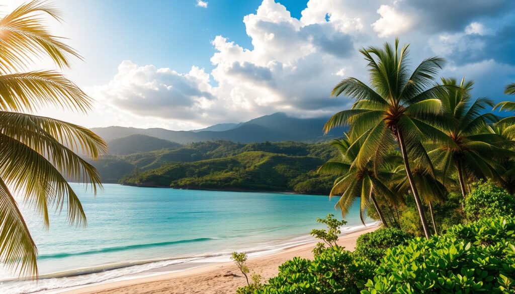 A lush tropical landscape in Bali, Indonesia, showcasing the island's diverse weather seasons. In the foreground, a tranquil beach scene with swaying palm trees, turquoise waters, and sun-dappled sand. In the middle ground, rolling hills covered in verdant rice paddies, with a hazy mountain range in the distance. The sky transitions from a vibrant blue with fluffy white clouds to dramatic storm clouds, representing the transition from the dry to the wet season. Warm, golden sunlight filters through, creating a serene and inviting atmosphere. Captured with a wide-angle lens to emphasize the breadth and grandeur of Bali's natural beauty across the seasons. A lush tropical landscape in Bali, Indonesia, showcasing the island's diverse weather seasons. In the foreground, a tranquil beach scene with swaying palm trees, turquoise waters, and sun-dappled sand. In the middle ground, rolling hills covered in verdant rice paddies, with a hazy mountain range in the distance. The sky transitions from a vibrant blue with fluffy white clouds to dramatic storm clouds, representing the transition from the dry to the wet season. Warm, golden sunlight filters through, creating a serene and inviting atmosphere. Captured with a wide-angle lens to emphasize the breadth and grandeur of Bali's natural beauty across the seasons.