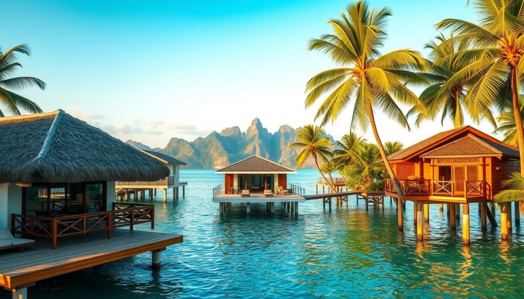 A lush, tropical paradise showcasing a diverse array of overwater accommodations. In the foreground, a thatched-roof bungalow with a private deck and crystal-clear lagoon below. Nearby, a modern, glass-walled villa with a sleek, minimalist design. In the middle ground, a traditional stilt house with intricate wooden carvings, nestled among swaying palm trees. The background features a breathtaking mountainous landscape, with a soft, golden glow from the setting sun casting a warm, dreamy atmosphere. The scene is captured through a wide-angle lens, emphasizing the scale and variety of these unique overwater retreats.