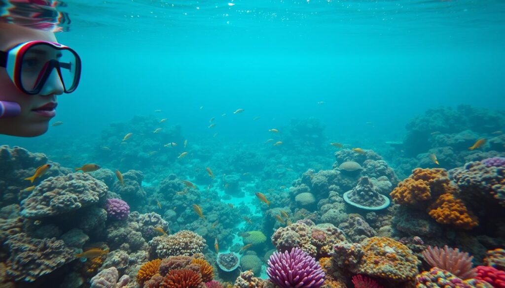 A lush, underwater tropical reef teeming with vibrant marine life. In the foreground, a snorkeler explores the colorful coral formations, their mask and snorkel breaking the surface of the crystal-clear turquoise waters. Schools of tropical fish dart around, their scales glimmering in the dappled sunlight that filters down from the surface. In the middle ground, the reef extends in a sprawling panorama, with diverse species of corals, anemones, and sponges in a rainbow of hues. The background fades into the hazy blue-green depths, hinting at the vast expanse of the underwater world. Soft, diffused lighting creates a serene, dreamlike atmosphere, drawing the viewer into the tranquil, immersive scene.