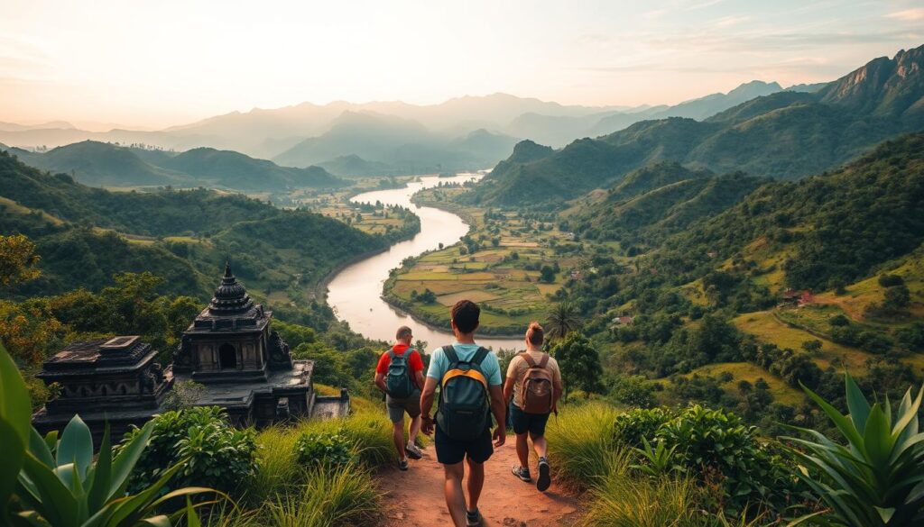 A lush, verdant landscape of rolling hills and winding rivers unfolds before the viewer, with a group of adventurous backpackers trekking along a well-worn path. In the foreground, vibrant tropical foliage and ancient stone structures dot the scene, hinting at the rich cultural heritage of the region. The middle ground is dominated by a meandering river, its waters reflecting the warm, golden hues of the afternoon sun. In the distance, a range of rugged, mist-shrouded mountains rises majestically, creating a sense of remote, untamed wilderness. The image is shot with a wide-angle lens, capturing the sense of scale and immersion, while the lighting is soft and diffused, lending a dreamlike, atmospheric quality to the scene. This evocative image perfectly captures the essence of backpacking through the diverse and captivating landscapes of Southeast Asia. A lush, verdant landscape of rolling hills and winding rivers unfolds before the viewer, with a group of adventurous backpackers trekking along a well-worn path. In the foreground, vibrant tropical foliage and ancient stone structures dot the scene, hinting at the rich cultural heritage of the region. The middle ground is dominated by a meandering river, its waters reflecting the warm, golden hues of the afternoon sun. In the distance, a range of rugged, mist-shrouded mountains rises majestically, creating a sense of remote, untamed wilderness. The image is shot with a wide-angle lens, capturing the sense of scale and immersion, while the lighting is soft and diffused, lending a dreamlike, atmospheric quality to the scene. This evocative image perfectly captures the essence of backpacking through the diverse and captivating landscapes of Southeast Asia.