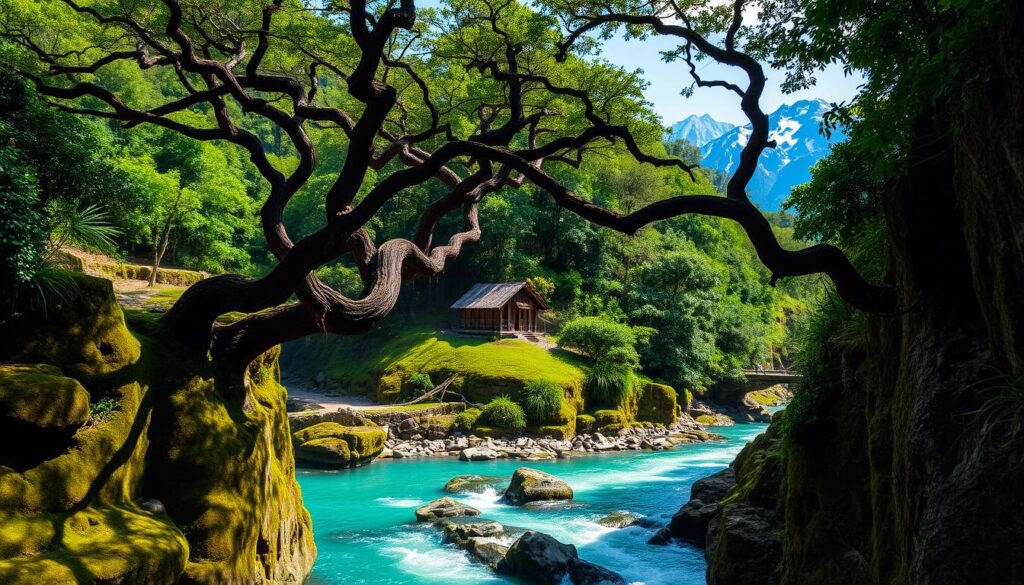 A lush, verdant landscape unfolds, revealing the hidden wonders of South America. In the foreground, a meandering river cuts through rugged, moss-covered cliffs, its turquoise waters reflecting the vibrant hues of the surrounding foliage. Towering, ancient trees with twisted, gnarled branches provide a canopy of shade, casting patterns of light and shadow across the scene. In the middle ground, a remote, rustic cabin nestles amongst the foliage, hinting at the tranquil solitude and off-the-beaten-path experiences that await the intrepid traveler. In the distance, majestic, snow-capped peaks pierce the horizon, creating a breathtaking backdrop that evokes a sense of scale and wonder. The overall atmosphere is one of serene, untamed beauty, inviting the viewer to discover the hidden gems that lie within this captivating corner of South America. A lush, verdant landscape unfolds, revealing the hidden wonders of South America. In the foreground, a meandering river cuts through rugged, moss-covered cliffs, its turquoise waters reflecting the vibrant hues of the surrounding foliage. Towering, ancient trees with twisted, gnarled branches provide a canopy of shade, casting patterns of light and shadow across the scene. In the middle ground, a remote, rustic cabin nestles amongst the foliage, hinting at the tranquil solitude and off-the-beaten-path experiences that await the intrepid traveler. In the distance, majestic, snow-capped peaks pierce the horizon, creating a breathtaking backdrop that evokes a sense of scale and wonder. The overall atmosphere is one of serene, untamed beauty, inviting the viewer to discover the hidden gems that lie within this captivating corner of South America.