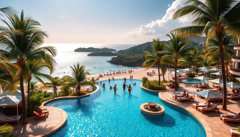 A luxurious all-inclusive resort nestled in a tropical paradise, with a sparkling azure pool surrounded by swaying palm trees. In the foreground, guests lounge on plush cabanas, sipping colorful cocktails and soaking in the warm sun. The middle ground features a bustling beach, where beachgoers enjoy a range of activities, from snorkeling to volleyball. In the background, a breathtaking landscape of lush, verdant hills and a shimmering azure ocean horizon. The scene is illuminated by soft, natural lighting, creating a warm and inviting atmosphere. The overall mood is one of relaxation, indulgence, and the ultimate in carefree vacation bliss.