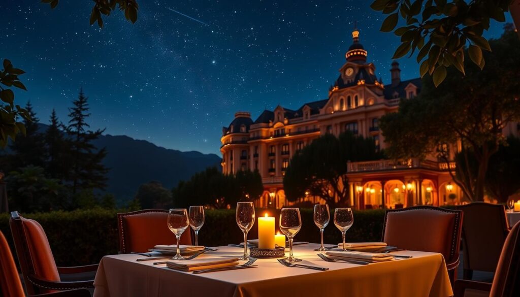 A luxurious dining table set under a starry night sky, surrounded by lush foliage and towering mountains in the distance. Soft candlelight flickers, casting a warm glow on the elegant place settings and fine crystal glassware. A crisp white tablecloth and plush velvet chairs evoke an air of sophisticated refinement. In the background, a grand, ornate hotel facade stands tall, its architecture illuminated by discreet outdoor lighting. A gentle breeze rustles the leaves, creating a tranquil, serene ambiance. The scene exudes an atmosphere of exclusivity, romance, and unforgettable dining experiences. A luxurious dining table set under a starry night sky, surrounded by lush foliage and towering mountains in the distance. Soft candlelight flickers, casting a warm glow on the elegant place settings and fine crystal glassware. A crisp white tablecloth and plush velvet chairs evoke an air of sophisticated refinement. In the background, a grand, ornate hotel facade stands tall, its architecture illuminated by discreet outdoor lighting. A gentle breeze rustles the leaves, creating a tranquil, serene ambiance. The scene exudes an atmosphere of exclusivity, romance, and unforgettable dining experiences.