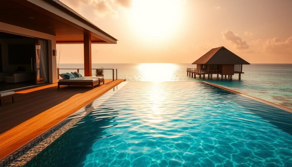 A luxurious overwater bungalow, its plunge pool boasting a striking glass floor. The water shimmers and dances, offering a mesmerizing vista of the lush, tropical seascape below. Warm sunlight filters through, casting a soft, golden glow across the scene. Sleek, modern architecture blends seamlessly with the natural surroundings, creating an atmosphere of sophisticated, yet serene, tranquility. The pool's infinity edge seamlessly merges with the distant horizon, creating the illusion of an endless, shimmering expanse. Plush, comfortable furnishings invite guests to relax and revel in the stunning, unobstructed views.