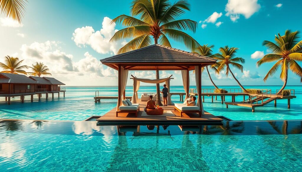 A luxurious overwater bungalow set against a vibrant tropical backdrop. In the foreground, a private infinity pool reflects the azure sky and lush palm trees. Guests lounge on plush poolside daybeds, sipping chilled cocktails. The middle ground features a shaded cabana with plush seating and a private butler attending to their every need. In the background, a tranquil lagoon shimmers, with a traditional wooden dock leading to a wellness spa offering indulgent treatments. Warm, golden sunlight filters through the scene, creating a serene and rejuvenating atmosphere.