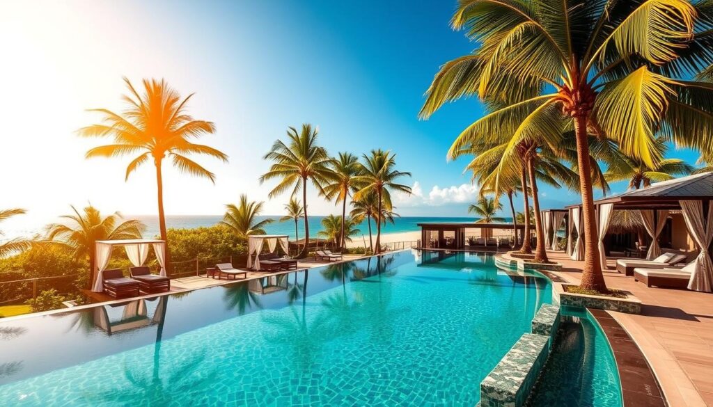A luxurious spa oasis nestled amidst a tropical paradise, with lush palm trees swaying gently in the warm breeze. In the foreground, a tranquil infinity pool reflects the vibrant azure sky, its calming waters inviting guests to indulge in a soothing hydromassage. Surrounding the pool, elegant cabanas and daybeds beckon for moments of pure relaxation, while skilled therapists offer personalized treatments in serene outdoor pavilions. The middle ground features a serene wellness center, its modern architecture seamlessly blending with the natural landscape. In the background, a picturesque stretch of pristine white sand beach and the sparkling turquoise ocean horizon create a breathtaking backdrop, evoking a sense of total escape and unparalleled luxury.