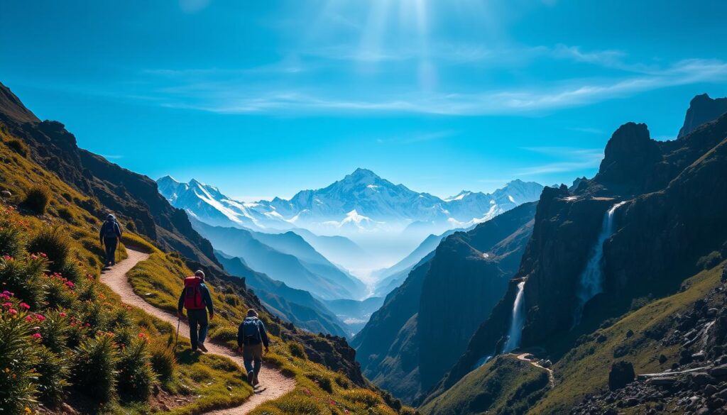 A majestic Himalayan mountain trek, with towering snow-capped peaks reaching towards a cerulean sky. In the foreground, a winding trail snakes through lush, verdant foliage, dotted with vibrant wildflowers. Trekkers navigate the rugged terrain, their backpacks and hiking gear casting long shadows in the warm, golden sunlight. The middle ground reveals a panoramic vista, with jagged, rocky outcroppings and cascading waterfalls framing the breathtaking landscape. In the distance, the mighty Himalayas rise, their serene, icy grandeur evoking a sense of awe and wonder. The scene exudes a tranquil, adventurous atmosphere, capturing the essence of traversing the world's most iconic mountain range. A majestic Himalayan mountain trek, with towering snow-capped peaks reaching towards a cerulean sky. In the foreground, a winding trail snakes through lush, verdant foliage, dotted with vibrant wildflowers. Trekkers navigate the rugged terrain, their backpacks and hiking gear casting long shadows in the warm, golden sunlight. The middle ground reveals a panoramic vista, with jagged, rocky outcroppings and cascading waterfalls framing the breathtaking landscape. In the distance, the mighty Himalayas rise, their serene, icy grandeur evoking a sense of awe and wonder. The scene exudes a tranquil, adventurous atmosphere, capturing the essence of traversing the world's most iconic mountain range.