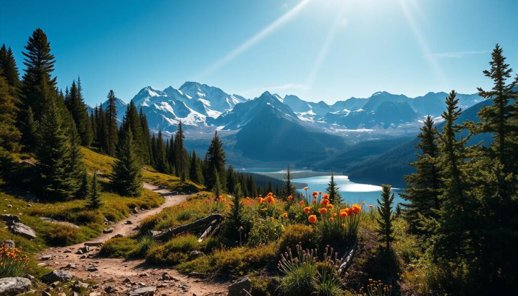 A majestic, snow-capped mountain range rises into the heavens, its peaks piercing the clouds. In the foreground, a rugged hiking trail winds through a lush, verdant forest, dotted with vibrant wildflowers. Sunlight filters through the canopy, casting a warm, golden glow over the scene. In the distance, a pristine alpine lake reflects the towering peaks, its crystal-clear waters inviting the intrepid explorer. The air is crisp and clean, carrying the scent of pine and fresh earth. A sense of adventure and awe permeates the landscape, beckoning the viewer to embark on an epic hiking journey through this breathtaking, untamed wilderness. A majestic, snow-capped mountain range rises into the heavens, its peaks piercing the clouds. In the foreground, a rugged hiking trail winds through a lush, verdant forest, dotted with vibrant wildflowers. Sunlight filters through the canopy, casting a warm, golden glow over the scene. In the distance, a pristine alpine lake reflects the towering peaks, its crystal-clear waters inviting the intrepid explorer. The air is crisp and clean, carrying the scent of pine and fresh earth. A sense of adventure and awe permeates the landscape, beckoning the viewer to embark on an epic hiking journey through this breathtaking, untamed wilderness.
