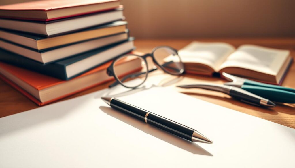 A meticulously arranged still life depicting the essential elements of an effective book summary. In the foreground, a crisp white page with a sharp black pen resting atop, symbolizing the importance of clear, concise writing. Behind it, a stack of hardcover books in various hues, representing the diverse source materials. In the middle ground, a pair of reading glasses and a pair of callipers, conveying the careful analysis and attention to detail required. In the soft, diffused background, a well-lit wooden desk, evoking a scholarly, contemplative atmosphere. Warm, natural lighting casts gentle shadows, creating a sense of depth and dimension. The overall composition is balanced, harmonious, and visually compelling, mirroring the qualities of an impactful book summary.
