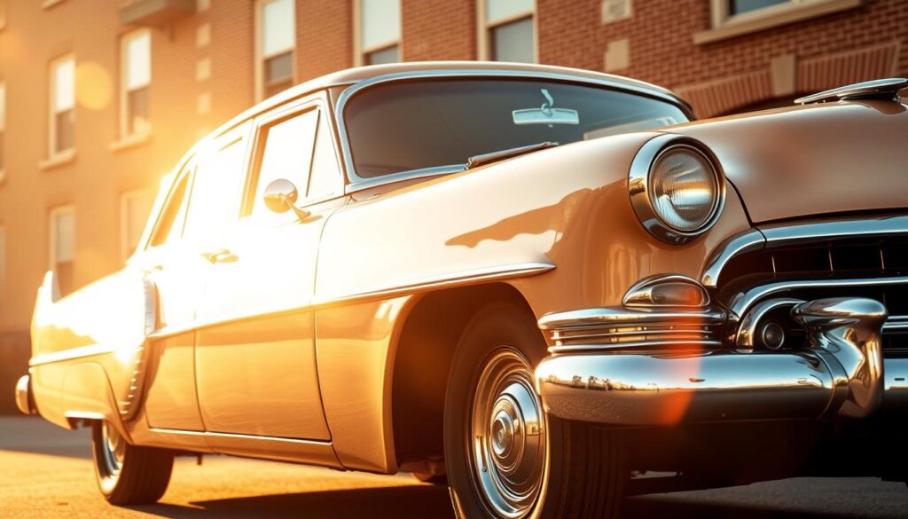 A meticulously detailed vintage American sedan from the mid-20th century, bathed in warm, golden-hour sunlight. The car's gleaming chrome accents and elegant curves evoke a bygone era of automotive design. The background features a classic brick building facade, adding a sense of timelessness. The scene exudes a nostalgic, sepia-toned atmosphere, capturing the essence of a vintage car and the legacy it represents.