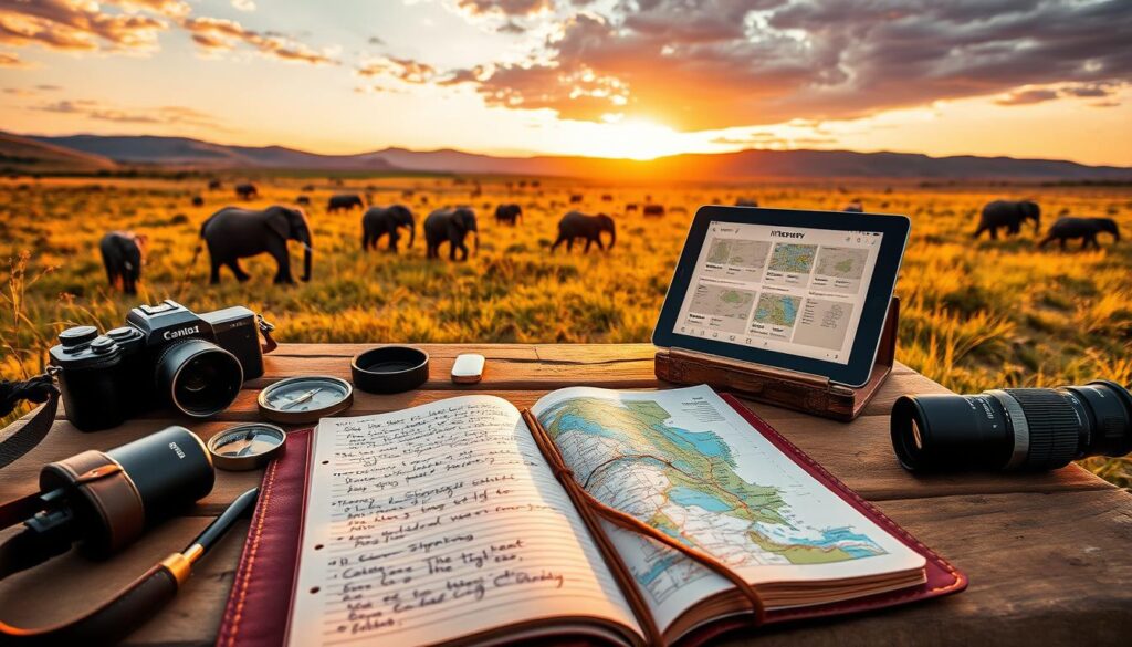 A meticulously planned safari itinerary unfolds on a lush, sun-dappled savanna. In the foreground, a weathered leather-bound journal lies open, showcasing handwritten notes and colorful maps detailing daily wildlife sightings and route plans. Surrounding it, an assortment of safari essentials - binoculars, a compass, and a camera with a long telephoto lens - are neatly arranged, hinting at the adventurous journey ahead. In the middle ground, a wooden safari-style table supports a tablet displaying a digital itinerary, its screen illuminated by warm, natural lighting. In the distance, a herd of grazing elephants wanders against a backdrop of undulating hills and a vibrant, golden-hour sky, conveying the wonder and tranquility of the African wilderness. A meticulously planned safari itinerary unfolds on a lush, sun-dappled savanna. In the foreground, a weathered leather-bound journal lies open, showcasing handwritten notes and colorful maps detailing daily wildlife sightings and route plans. Surrounding it, an assortment of safari essentials - binoculars, a compass, and a camera with a long telephoto lens - are neatly arranged, hinting at the adventurous journey ahead. In the middle ground, a wooden safari-style table supports a tablet displaying a digital itinerary, its screen illuminated by warm, natural lighting. In the distance, a herd of grazing elephants wanders against a backdrop of undulating hills and a vibrant, golden-hour sky, conveying the wonder and tranquility of the African wilderness.
