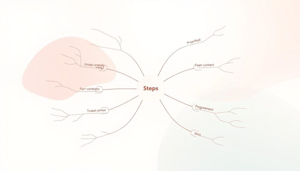 A mind mapping process steps illustration showcasing a clean, minimalist aesthetic. In the foreground, a central node representing the core concept surrounded by interconnected branches depicting the various steps of the mind mapping process. The middle ground features abstract shapes and lines in a soft pastel palette, creating a sense of depth and flow. The background is a gentle gradient, allowing the mind map elements to stand out prominently. Soft, diffused lighting casts a warm, contemplative mood, highlighting the thoughtful and organized nature of the mind mapping technique. Rendered in a high-quality, digital art style with a focus on simplicity and clarity to best illustrate the step-by-step approach to effective learning through mind maps.