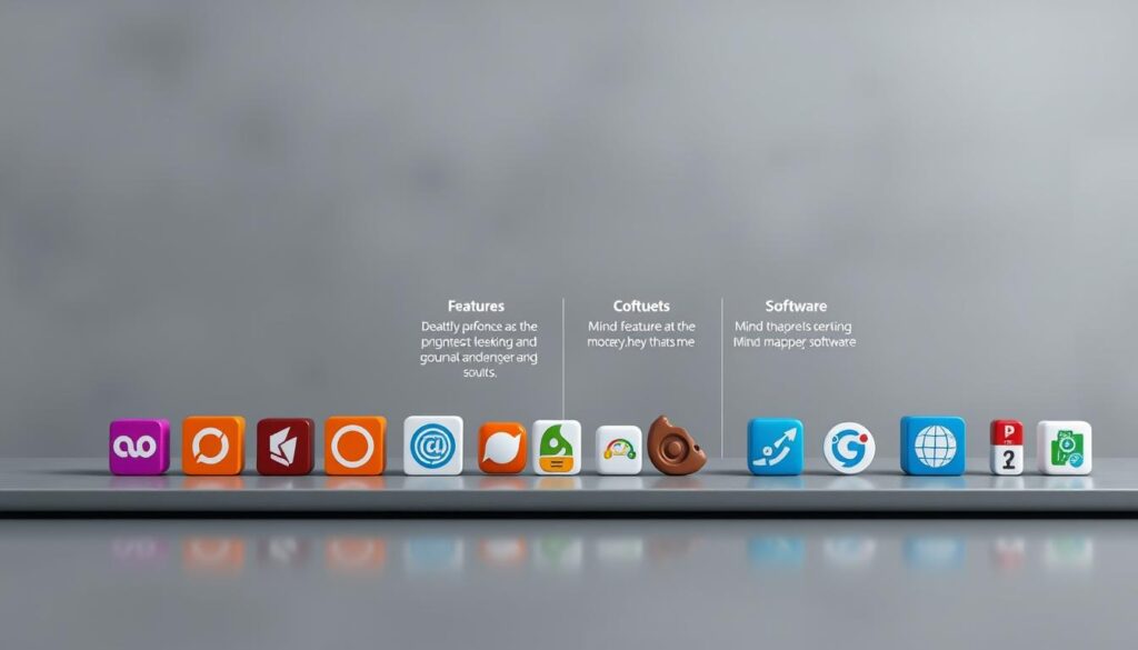 A modern, clean, and minimalist comparison of popular mind mapping software tools, showcased on a sleek gray surface. In the foreground, various colorful icons and logos representing different mind mapping applications are neatly arranged, each with a subtle drop shadow. The middle ground features clean, sans-serif typography highlighting the key features and capabilities of each tool, while the background displays a subtle, blurred pattern of intersecting lines, conveying the interconnectedness of these mind mapping solutions. The overall scene is illuminated by a soft, directional light, creating a sense of depth and emphasizing the product details. The mood is one of professional, informative presentation, suitable for a learning-focused article section.