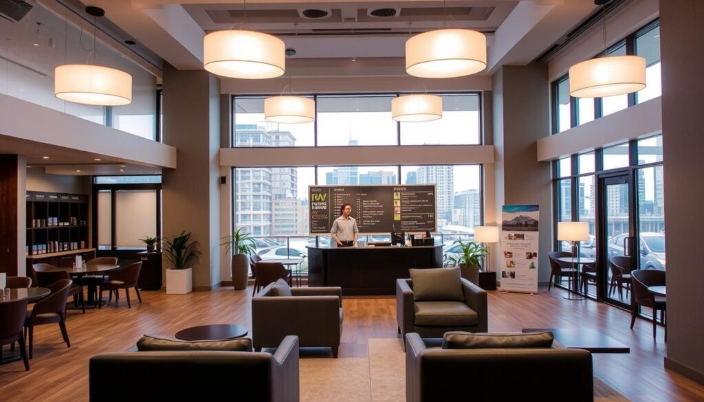 A modern, well-equipped hostel lobby with an inviting lounge area. Soft, diffused lighting from overhead fixtures casts a warm glow. In the foreground, comfortable armchairs and sofas invite guests to relax. Tasteful, minimalist decor creates a cozy, homely ambiance. In the middle ground, a reception desk with a helpful staff member, and a board displaying information about various tours and activities. The background features large windows overlooking an urban cityscape, hinting at the excitement and exploration that awaits travelers beyond the hostel's doors. A modern, well-equipped hostel lobby with an inviting lounge area. Soft, diffused lighting from overhead fixtures casts a warm glow. In the foreground, comfortable armchairs and sofas invite guests to relax. Tasteful, minimalist decor creates a cozy, homely ambiance. In the middle ground, a reception desk with a helpful staff member, and a board displaying information about various tours and activities. The background features large windows overlooking an urban cityscape, hinting at the excitement and exploration that awaits travelers beyond the hostel's doors.