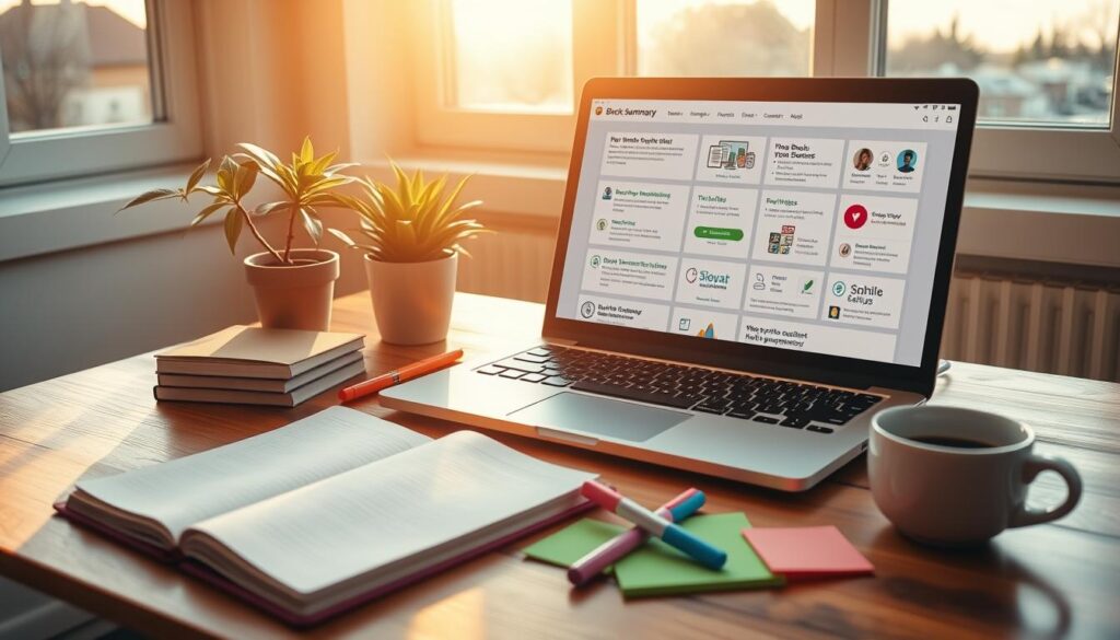A neatly arranged collection of digital and analog book summary tools, including a laptop, open notebook, highlighters, and sticky notes, all illuminated by warm, natural lighting from a large window. The tools are placed on a wooden desk, with a potted plant and a cup of coffee adding a cozy, productive atmosphere. The focal point is the laptop screen, displaying various online resources and software for summarizing books effectively. The image conveys the idea of using a combination of digital and physical tools to enhance the book summarization process.