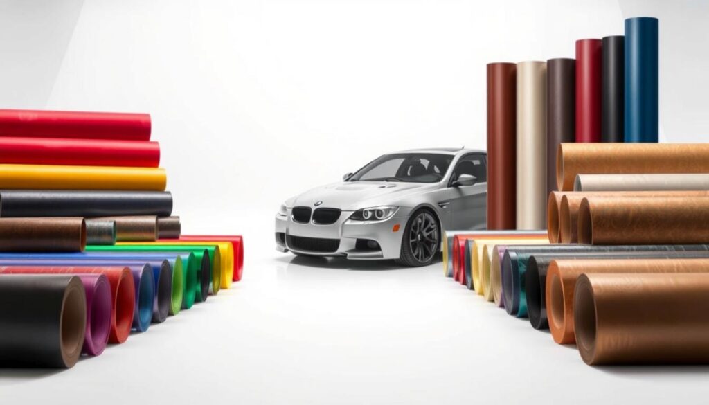 A neatly arranged display of various vinyl wrap film options, showcasing a diverse palette of colors and finishes. The foreground features a selection of matte, glossy, and metallic film swatches, each with a distinct texture and hue. The middle ground presents a clean, well-lit studio setting with a seamless white backdrop, allowing the films to take center stage. The background subtly hints at the automotive context, with a hint of vehicle silhouette or a complementary automotive-inspired design element. The overall lighting is soft and even, accentuating the reflective properties and depth of the films. The composition is balanced and visually appealing, providing a clear and informative presentation of the available vinyl wrap film options.