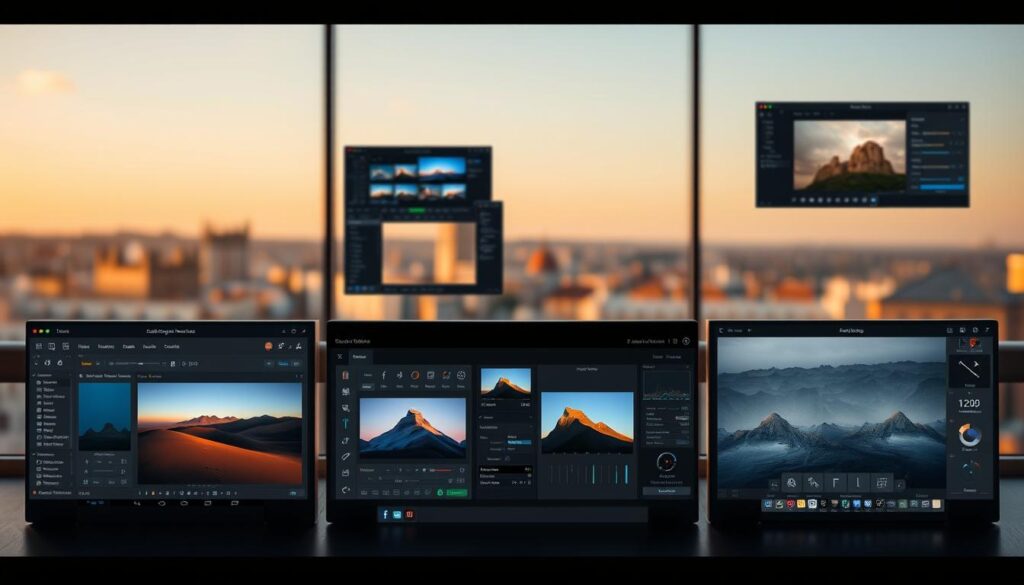 A neatly arranged grid of professional photo editing software interfaces, showcasing their unique features and tools. The foreground displays the main programs side-by-side, with each window demonstrating diverse capabilities like color correction, layer management, and retouching. The middle ground depicts an array of editing controls, sliders, and adjustment panels. In the background, a softly blurred cityscape or scenic landscape serves as the backdrop, hinting at the kinds of travel photos these tools can enhance. The lighting is a balance of warm and cool tones, creating a polished, technical atmosphere that invites the viewer to compare and contrast the editing options.