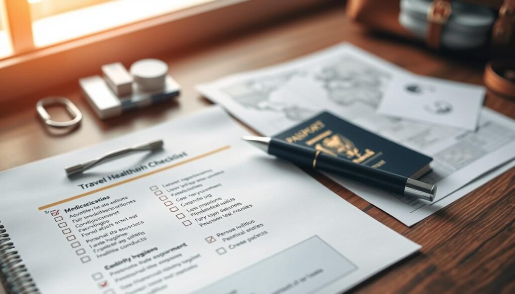 A neatly arranged travel health checklist on a wooden surface, illuminated by warm, natural lighting. In the foreground, a list of essential items such as medications, first-aid kit, and personal hygiene products. In the middle ground, a passport, travel documents, and a pen resting on the checklist. The background features a subtle, out-of-focus map or globe, suggesting the broader context of travel preparation. The overall mood is one of organization, preparedness, and a sense of anticipation for the journey ahead. A neatly arranged travel health checklist on a wooden surface, illuminated by warm, natural lighting. In the foreground, a list of essential items such as medications, first-aid kit, and personal hygiene products. In the middle ground, a passport, travel documents, and a pen resting on the checklist. The background features a subtle, out-of-focus map or globe, suggesting the broader context of travel preparation. The overall mood is one of organization, preparedness, and a sense of anticipation for the journey ahead.