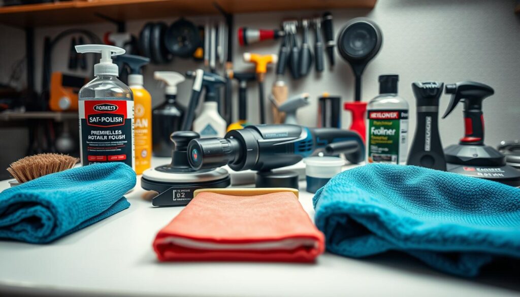 A neatly organized arrangement of professional auto detailing tools on a clean, well-lit workbench. In the foreground, a high-quality microfiber cloth, a detailing brush, and a bottle of premium car polish. In the middle ground, a cordless rotary polisher, a detailing clay bar, and a specialized trim restorer. In the background, an array of specialized tools such as a tire dressing applicator, a glass cleaning solution, and a dual-action orbital sander. The lighting is soft and diffused, creating a sense of focus and clarity. The overall mood is one of precision, attention to detail, and a commitment to achieving a flawless, show-car finish.