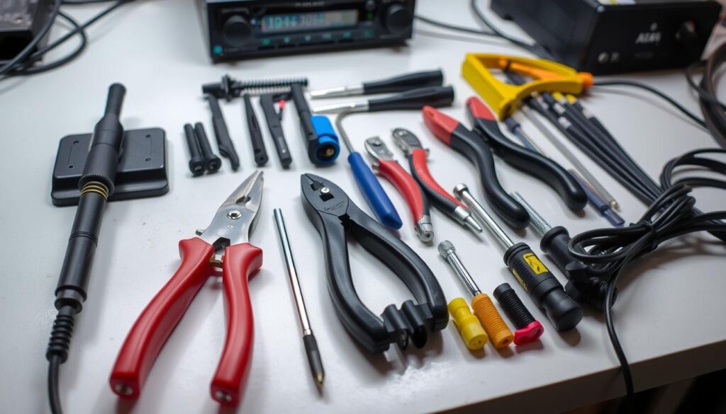 A neatly organized collection of vehicle audio installation tools, including a soldering iron, wire strippers, crimping pliers, screwdrivers, and connectors, all arranged on a clean, well-lit workbench. The tools are positioned in a visually appealing manner, suggesting a professional and methodical approach to the installation process. The scene is captured from a slightly elevated angle, providing a clear and comprehensive view of the necessary equipment for preparing a car stereo system for installation.