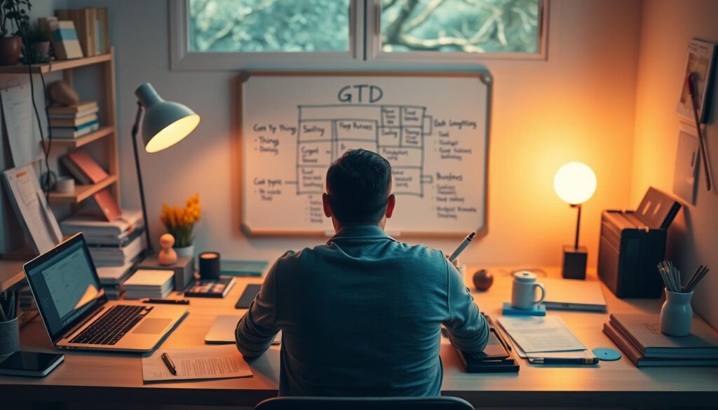 A neatly organized desk with a laptop, notes, and various office supplies, bathed in warm, focused lighting. In the foreground, a person sits intently, pen in hand, studying the Getting Things Done (GTD) framework illustrated on a whiteboard. The middle ground features a cozy, minimalist workspace, while the background hints at a serene, nature-inspired setting, creating a calming, productive atmosphere. The overall scene conveys a sense of focused, efficient study workflow, reflecting the principles of the GTD methodology.