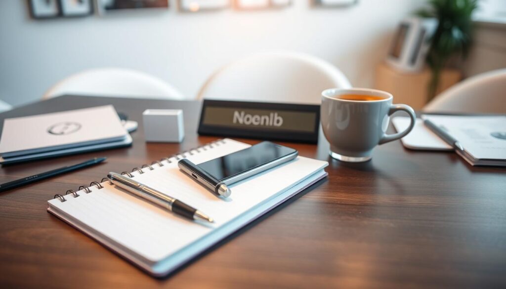 A neatly organized desk with a professional notebook, a pen, and a business card holder. In the middle ground, a nameplate, a smartphone, and a cup of coffee. In the background, a backdrop of a modern office setting with minimalist decor and soft, natural lighting. The overall mood is one of preparedness, organization, and a sense of anticipation for the upcoming networking event. A neatly organized desk with a professional notebook, a pen, and a business card holder. In the middle ground, a nameplate, a smartphone, and a cup of coffee. In the background, a backdrop of a modern office setting with minimalist decor and soft, natural lighting. The overall mood is one of preparedness, organization, and a sense of anticipation for the upcoming networking event.