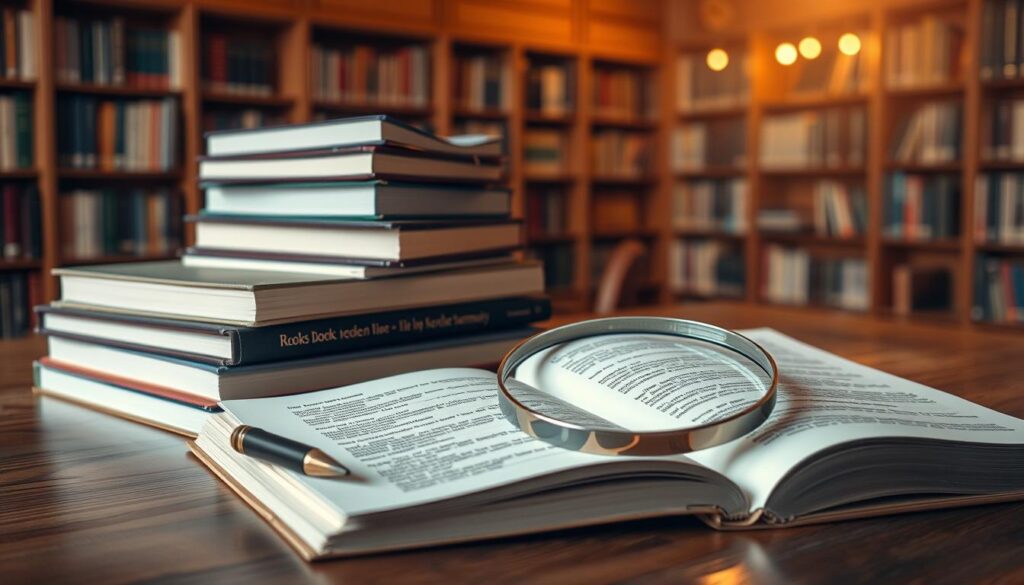 A neatly organized desk with a stack of books, a pen, and a notebook. In the foreground, a magnifying glass hovers over the open pages, highlighting key points and insights. The background features a warm, cozy library setting with bookshelves lining the walls, casting a soft, ambient light. The mood is one of focused concentration and intellectual discovery, inviting the viewer to immerse themselves in the benefits of a well-crafted book summary.