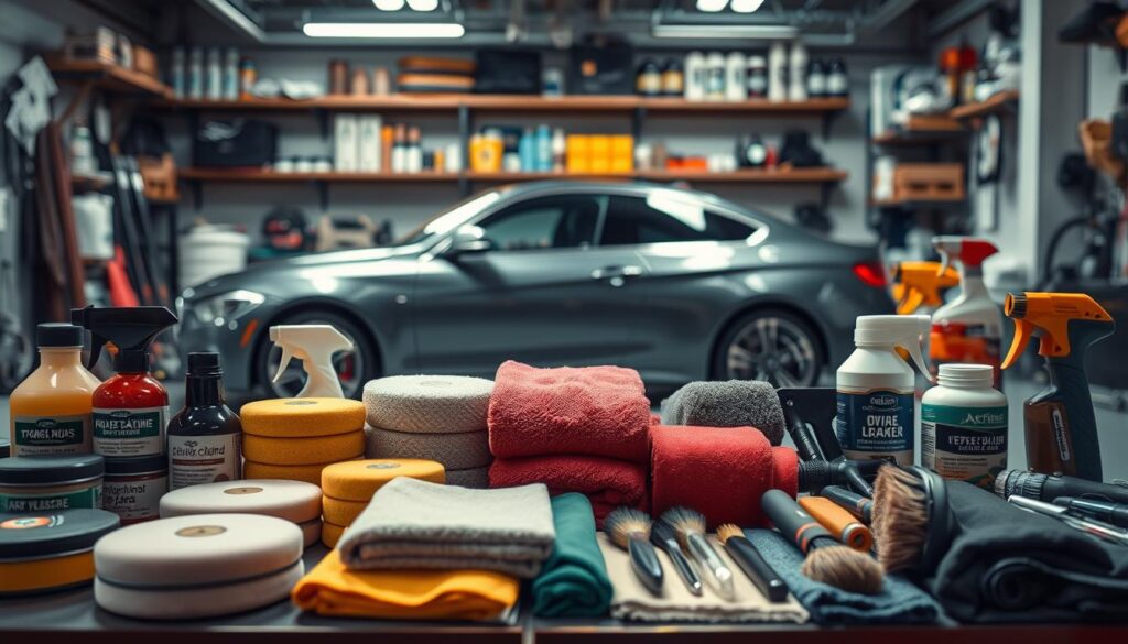 A neatly organized garage workspace, with an array of professional car detailing tools and supplies meticulously laid out. In the foreground, a variety of high-quality polishing compounds, microfiber cloths, and detailing brushes are arranged in an orderly fashion. In the middle ground, a gleaming, freshly-washed luxury sedan is the focal point, reflecting the bright overhead lighting. The background features shelves stocked with premium car care products, creating a sense of a well-equipped, professional detailing setup. The overall scene conveys a sense of focus, precision, and the dedication required to achieve a true showroom-quality finish.