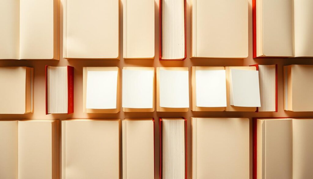 A neatly organized grid of books and notecards arranged in a visually striking pattern, representing the spaced repetition technique. The books have a clean, minimalist design with crisp edges and a subtle, muted color palette. The notecards are positioned in a symmetrical grid, each one slightly rotated or offset to create a sense of depth and rhythm. Warm, diffused lighting from above casts gentle shadows, emphasizing the geometric layout. The scene is captured from a slightly elevated angle, giving a sense of order and intentionality to the composition. The overall mood is one of focus, efficiency, and the power of systematic learning.