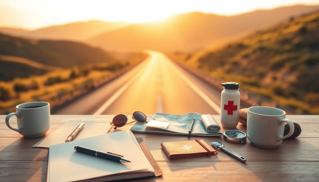 A neatly organized road trip packing checklist against a warm-toned, sun-dappled background. In the foreground, a minimalist desk setup with an open notebook, a pen, and a cup of coffee. The middle ground features various travel essentials laid out in a visually appealing arrangement - a map, sunglasses, a water bottle, a first-aid kit, and a compass. In the background, a blurred highway or scenic road winding through lush, rolling hills, bathed in the golden glow of the setting sun. The overall mood is one of anticipation, organization, and the excitement of an impending adventure. A neatly organized road trip packing checklist against a warm-toned, sun-dappled background. In the foreground, a minimalist desk setup with an open notebook, a pen, and a cup of coffee. The middle ground features various travel essentials laid out in a visually appealing arrangement - a map, sunglasses, a water bottle, a first-aid kit, and a compass. In the background, a blurred highway or scenic road winding through lush, rolling hills, bathed in the golden glow of the setting sun. The overall mood is one of anticipation, organization, and the excitement of an impending adventure.
