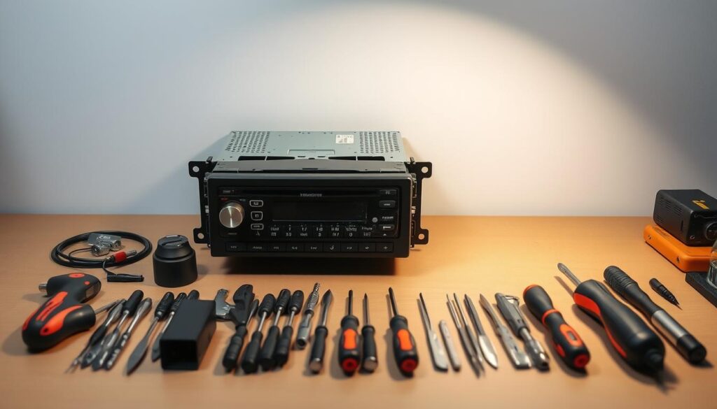 A neatly organized workbench against a neutral background, featuring a car stereo system and a detailed set of tools arranged for a step-by-step removal process. The scene is evenly lit from above, casting subtle shadows that emphasize the textures and contours of the components. The focus is sharp, capturing the intricate details of the stereo, screwdrivers, and other specialized tools required for the installation. The overall mood is one of precise, methodical guidance, conveying the technical expertise needed to successfully remove and replace a car's factory stereo system.
