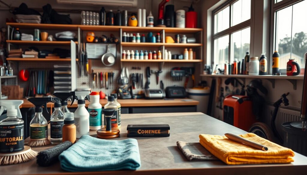 A neatly organized workspace dedicated to DIY car detailing, bathed in warm, natural lighting from a large window. In the foreground, an assortment of high-quality detailing products, brushes, and microfiber cloths are arranged with precision. The middle ground features a sturdy, well-maintained workbench, its surface clear and ready for hands-on detailing tasks. In the background, shelves hold a variety of car care tools, cleaning solutions, and other necessary supplies, creating a sense of preparedness and efficiency. The overall atmosphere is one of focus, attention to detail, and a passion for maintaining the pristine condition of one's vehicle.