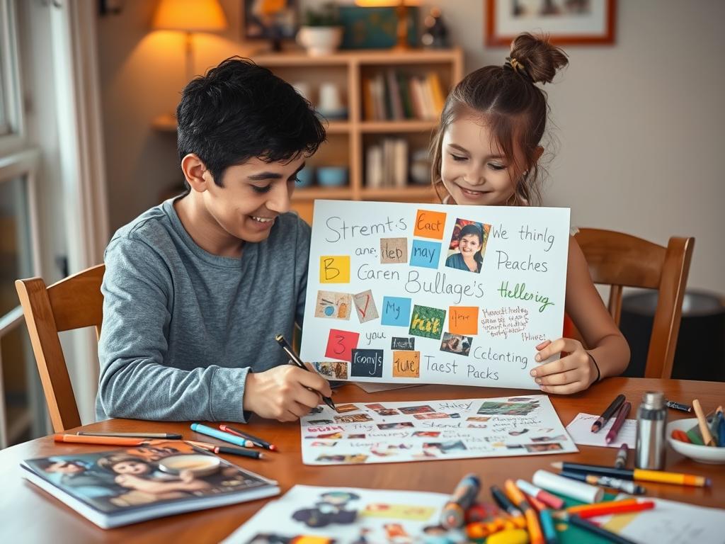 A parent and child creating a 'strengths collage' with magazine cutouts and drawings representing the child's unique abilities A parent and child creating a 'strengths collage' with magazine cutouts and drawings representing the child's unique abilities