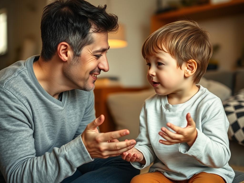 A parent demonstrating active listening with a child who is expressing emotions, showing validation rather than dismissal A parent demonstrating active listening with a child who is expressing emotions, showing validation rather than dismissal